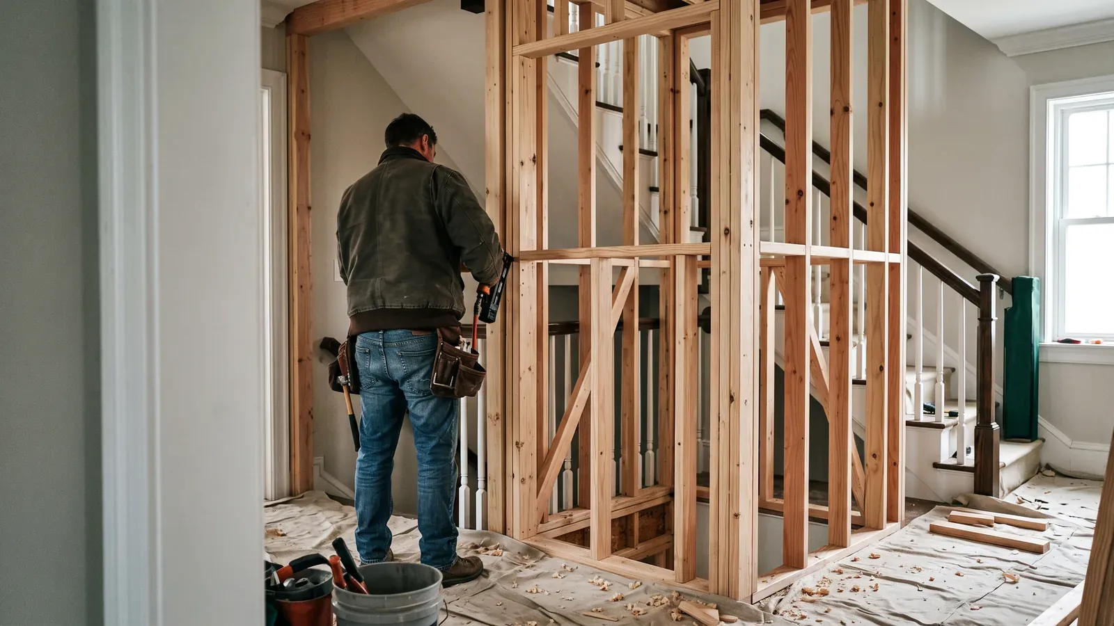 A carpenter framing a new wooden elevator shaft inside an existing two story home