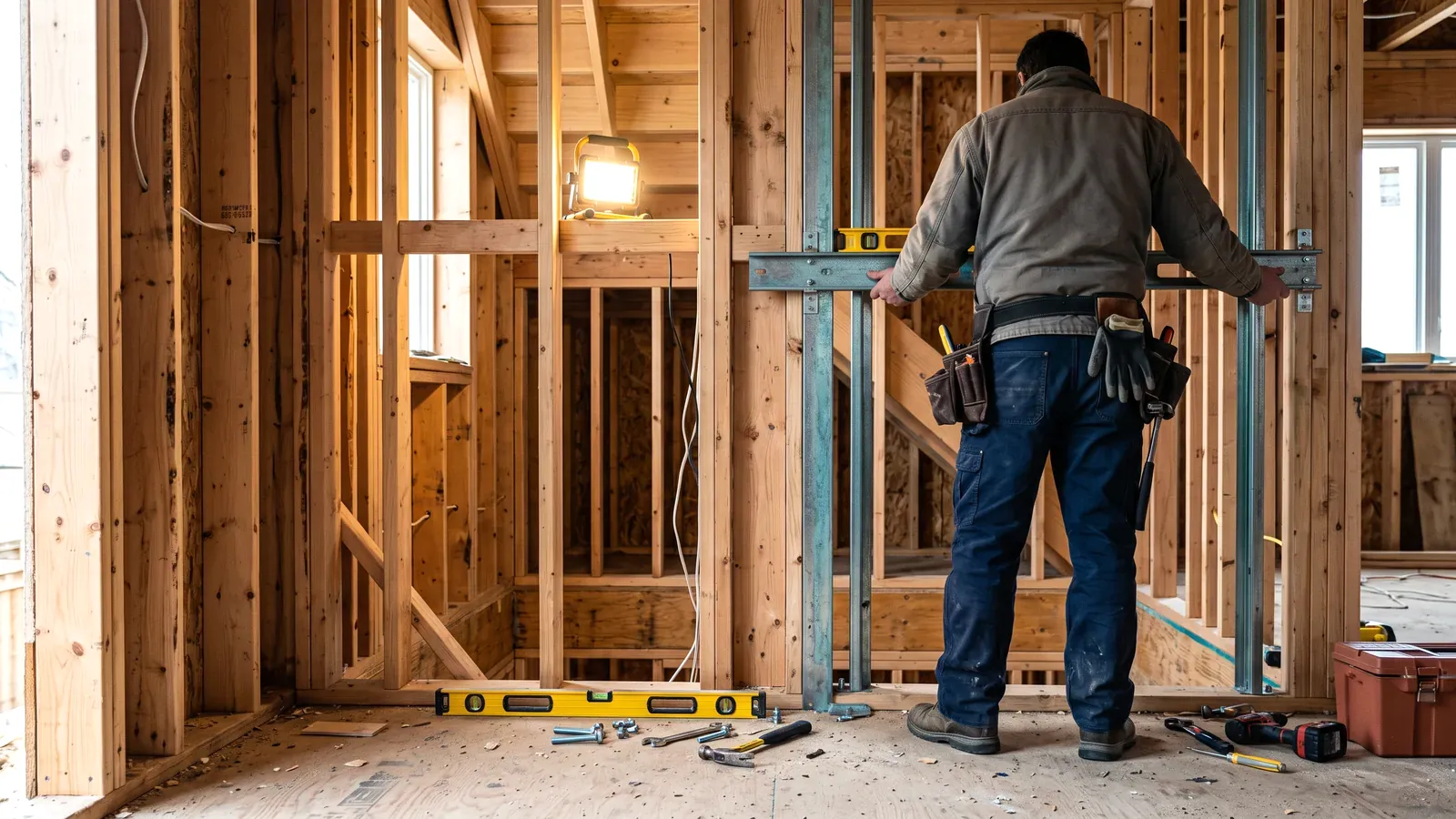 An elevator installer fitting a steel guide rail inside a new wooden elevator shaft in a private home