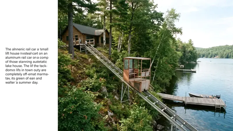 A hillside lift car on a rail track down a wooded bluff to a lake dock