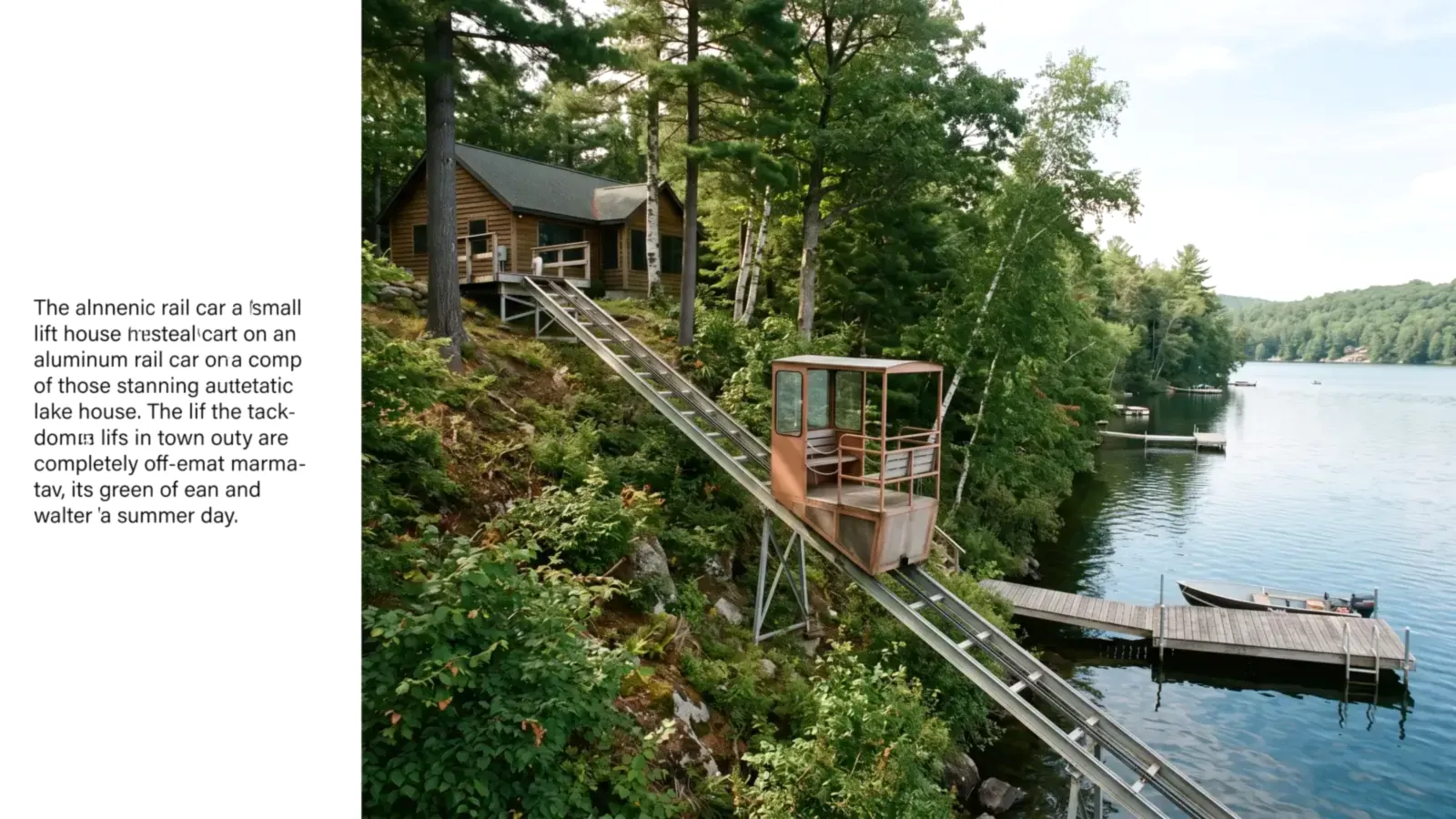 A small hillside lift car on a rail track running down a wooded bluff from a lake house to its dock