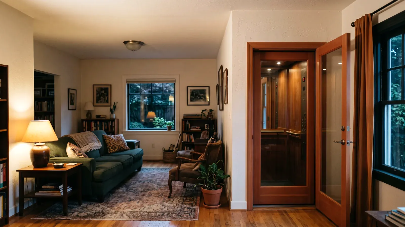A residential elevator set into the living room wall of a lived-in home, the kind of lift these prices cover