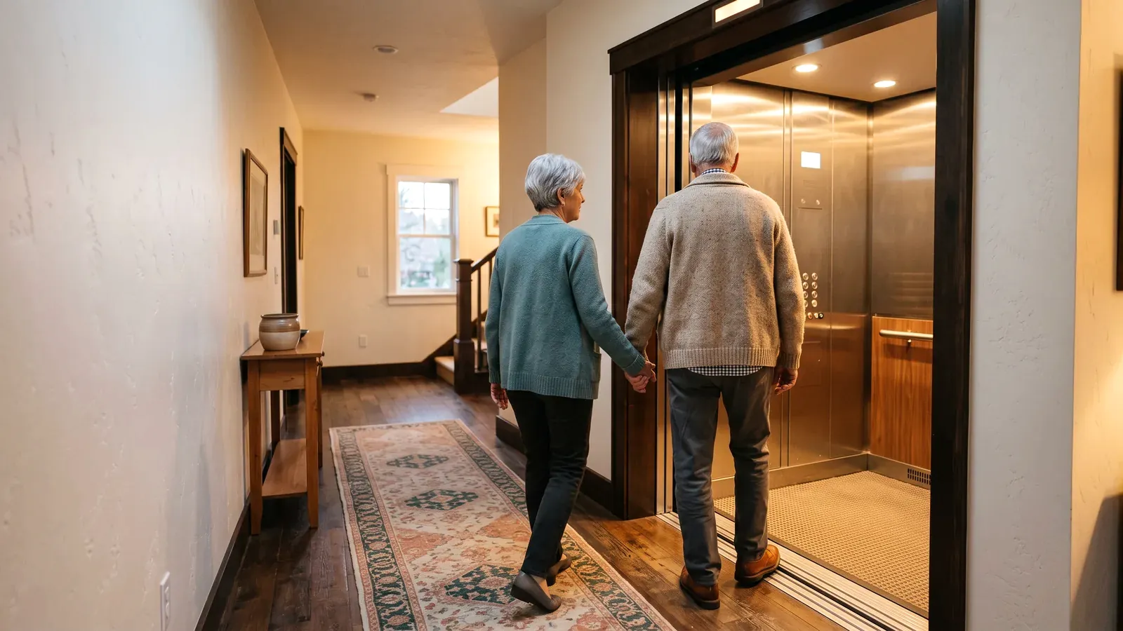 An older couple seen from behind walking arm in arm into a home elevator cab