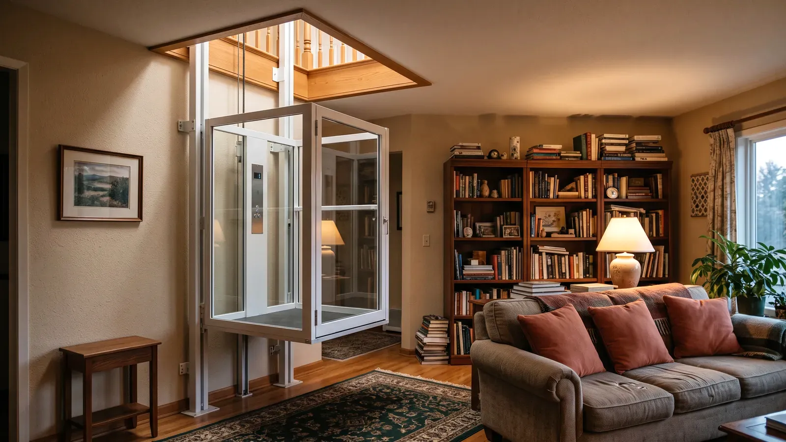 A shaftless home elevator cab rising through a ceiling opening from a living room to the landing