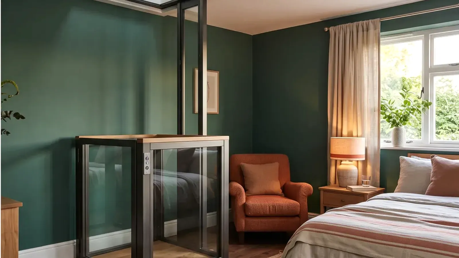 A through floor lift car in a bedroom, its roof meeting a square opening in the ceiling