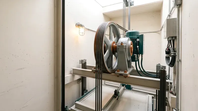 A compact traction elevator machine with steel belts at the top of a residential elevator shaft