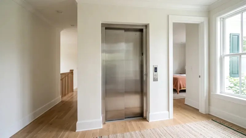 Brushed steel doors of a traction home elevator on the upstairs landing of an American house